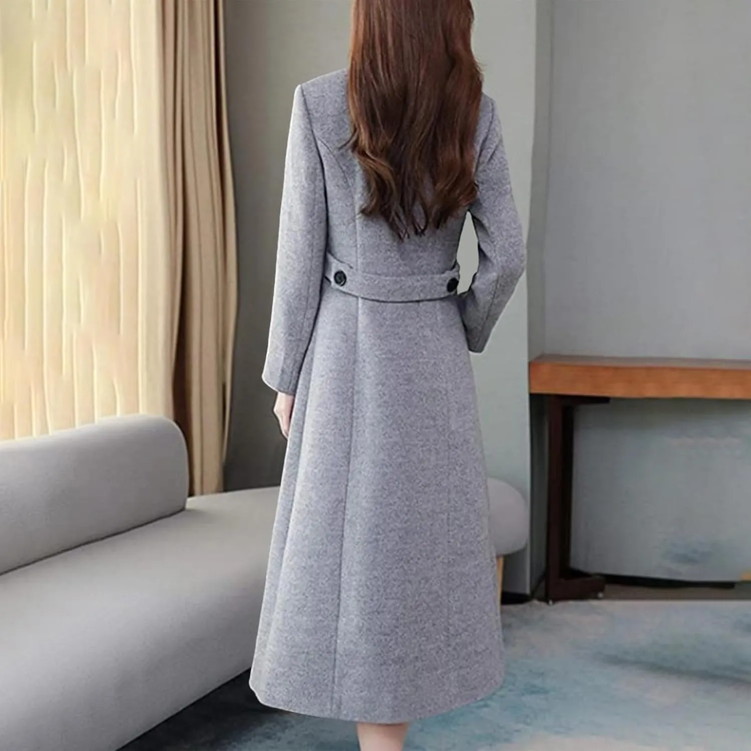 Women's Pea Coat Double Breasted Long Overcoat Plus Size Turndown Collar Winter Coats Trench Coats with Pockets