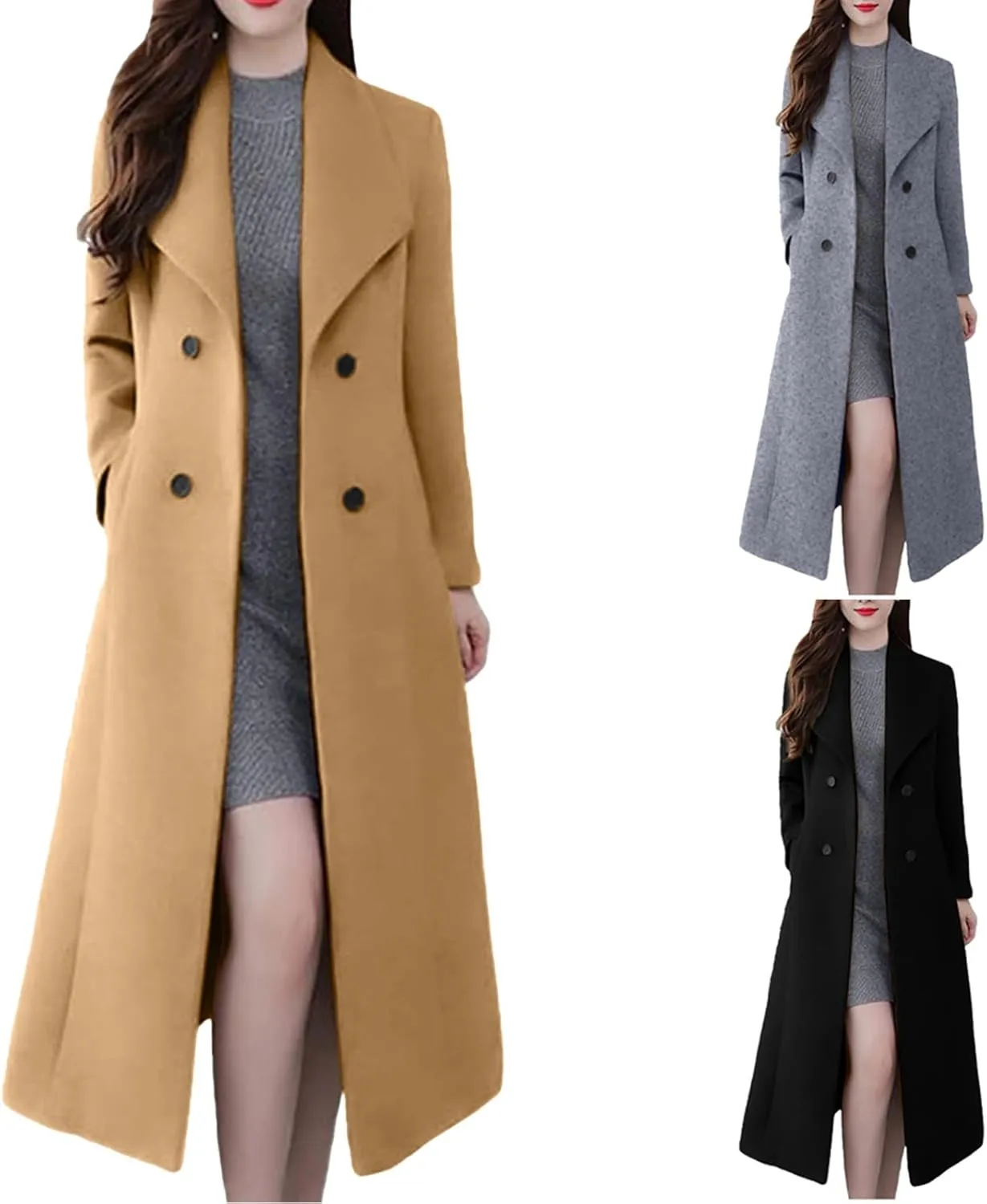 Women's Pea Coat Double Breasted Long Overcoat Plus Size Turndown Collar Winter Coats Trench Coats with Pockets