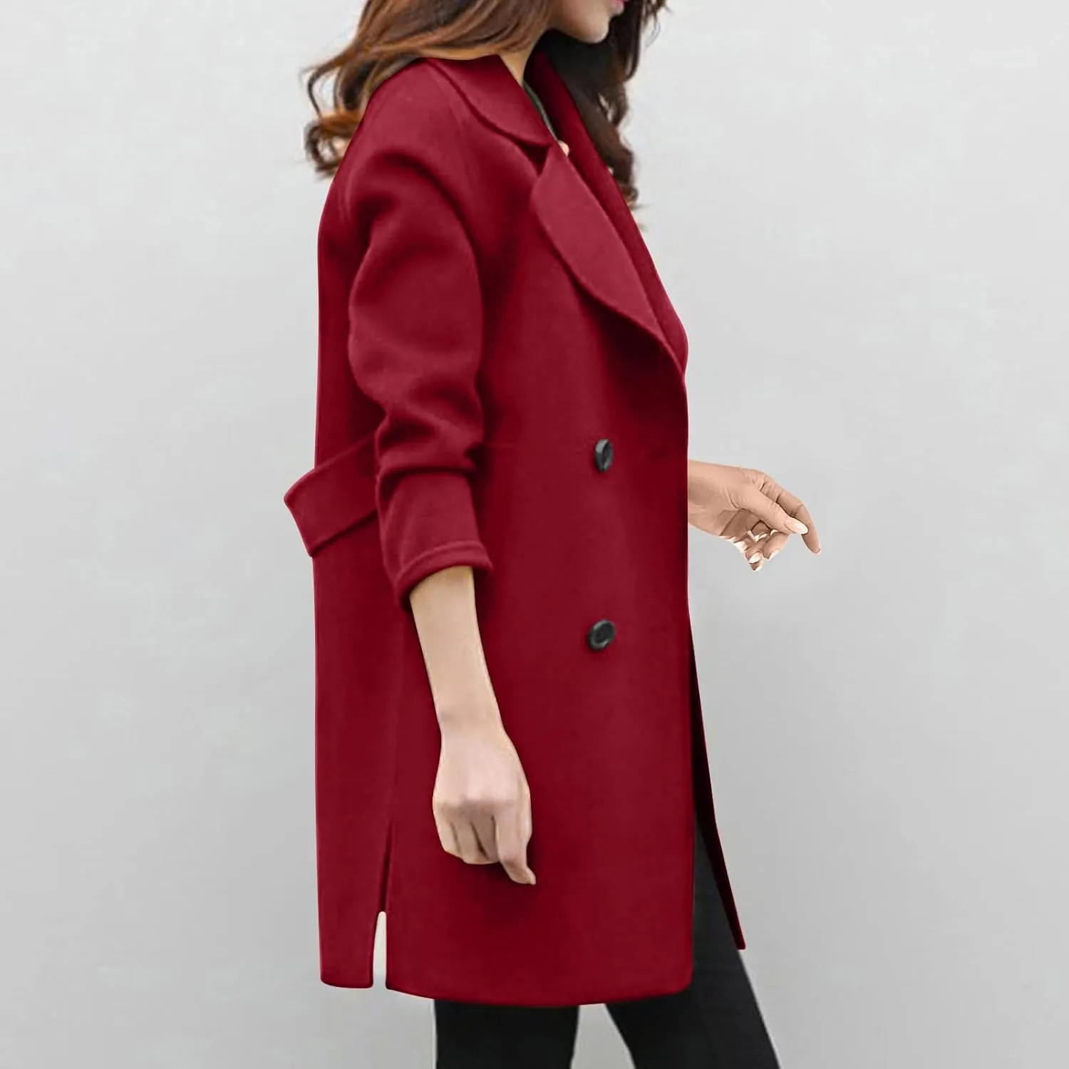 Women's Pea Coat Double Breasted Notched Lapel Wool Coats Casual Open Front Trench Coat Long Outerwear with Belt