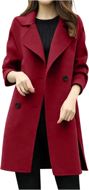 Women's Pea Coat Double Breasted Notched Lapel Wool Coats Casual Open Front Trench Coat Long Outerwear with Belt