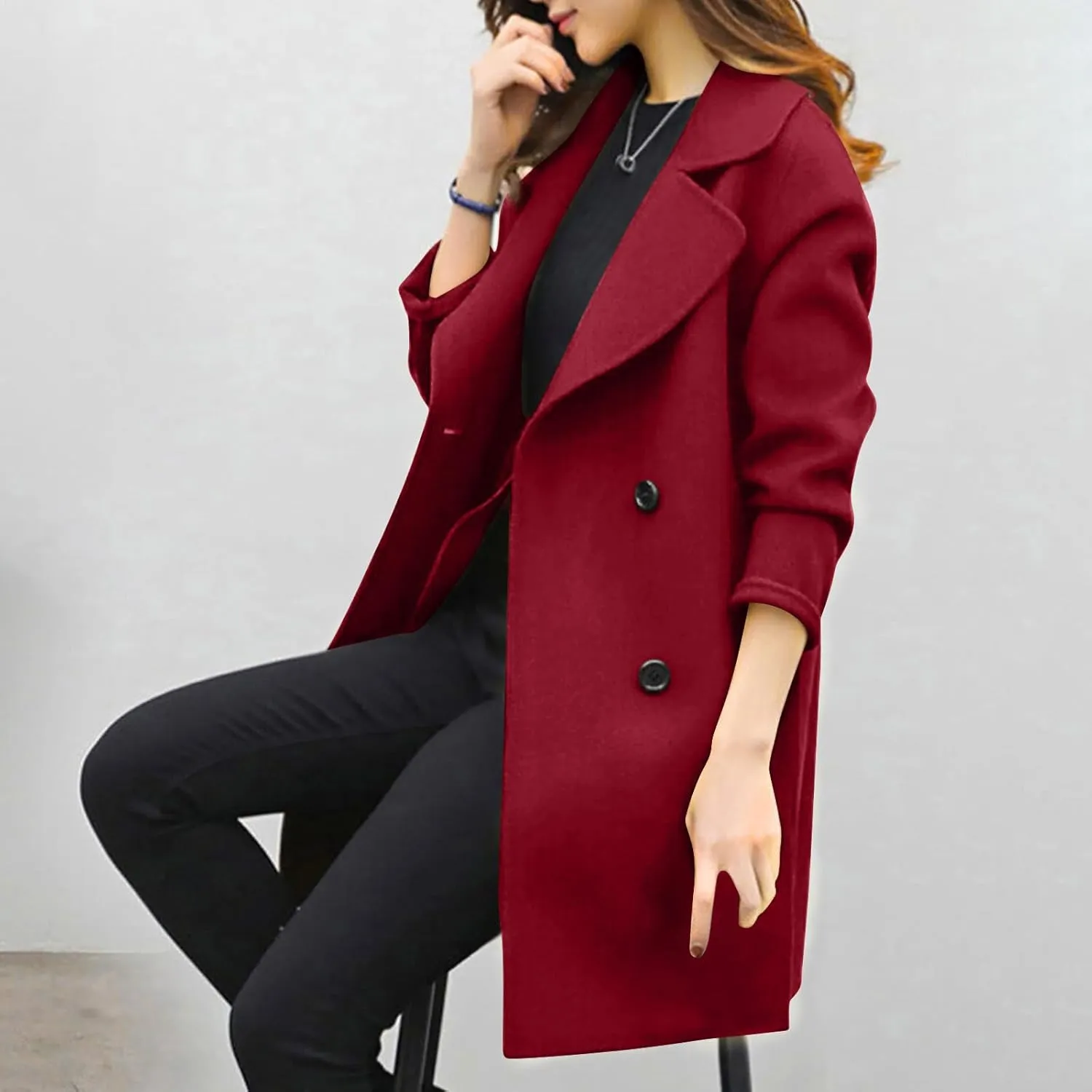 Women's Pea Coat Double Breasted Notched Lapel Wool Coats Casual Open Front Trench Coat Long Outerwear with Belt