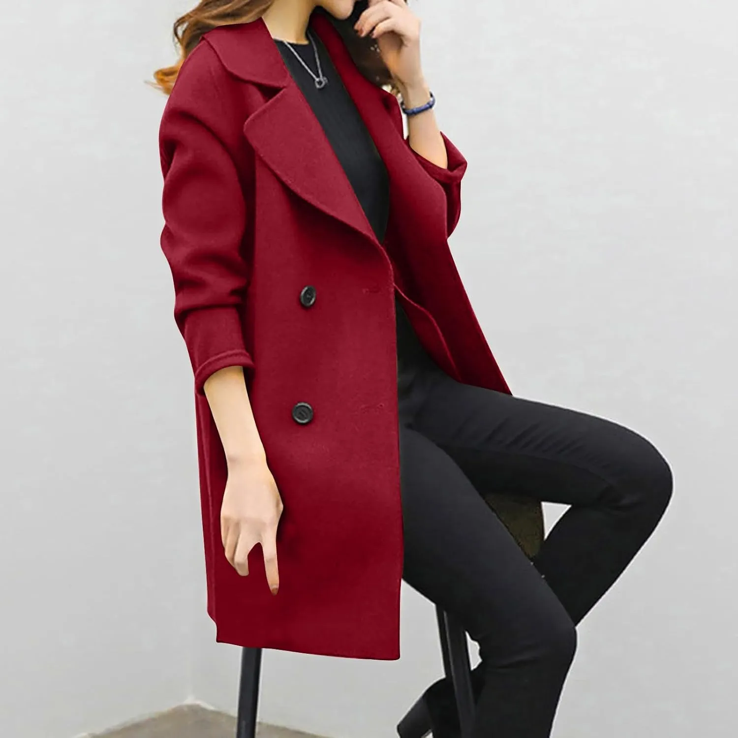 Women's Pea Coat Double Breasted Notched Lapel Wool Coats Casual Open Front Trench Coat Long Outerwear with Belt