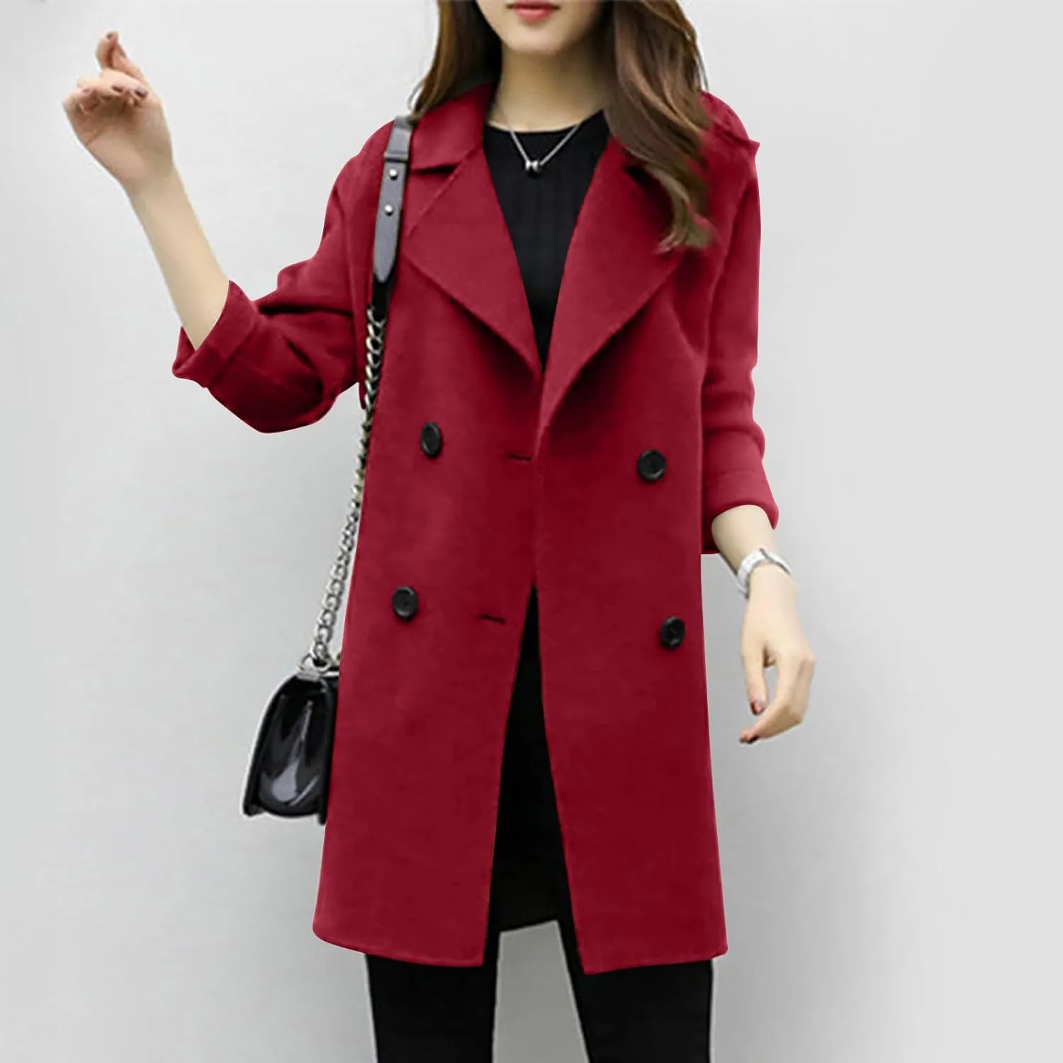 Women's Pea Coat Double Breasted Notched Lapel Wool Coats Casual Open Front Trench Coat Long Outerwear with Belt