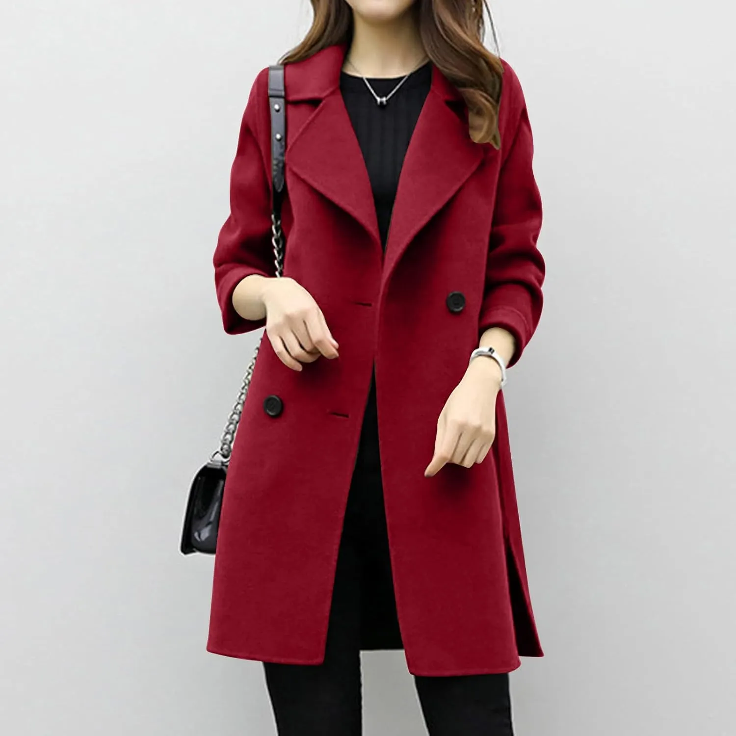Women's Pea Coat Double Breasted Notched Lapel Wool Coats Casual Open Front Trench Coat Long Outerwear with Belt