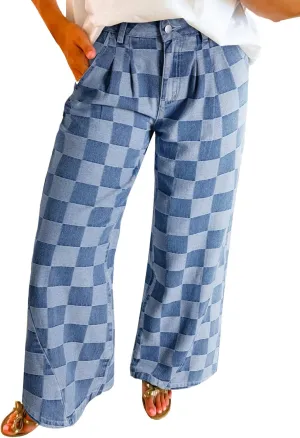 Womens Plaid Print Baggy Wide Leg Jeans High Waisted Straight Leg Denim Pants Chessboard Pattern Jeans