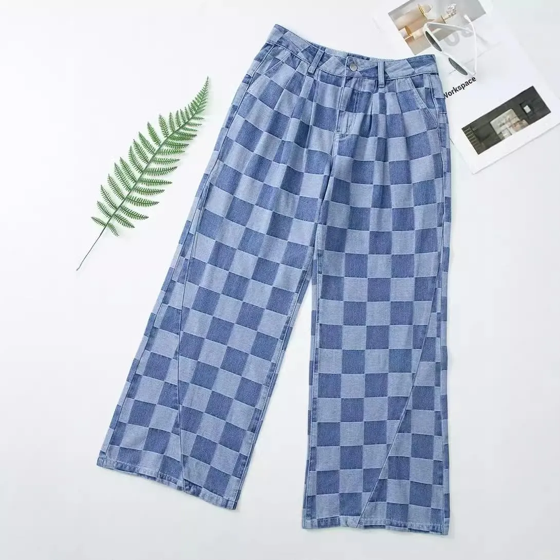 Womens Plaid Print Baggy Wide Leg Jeans High Waisted Straight Leg Denim Pants Chessboard Pattern Jeans