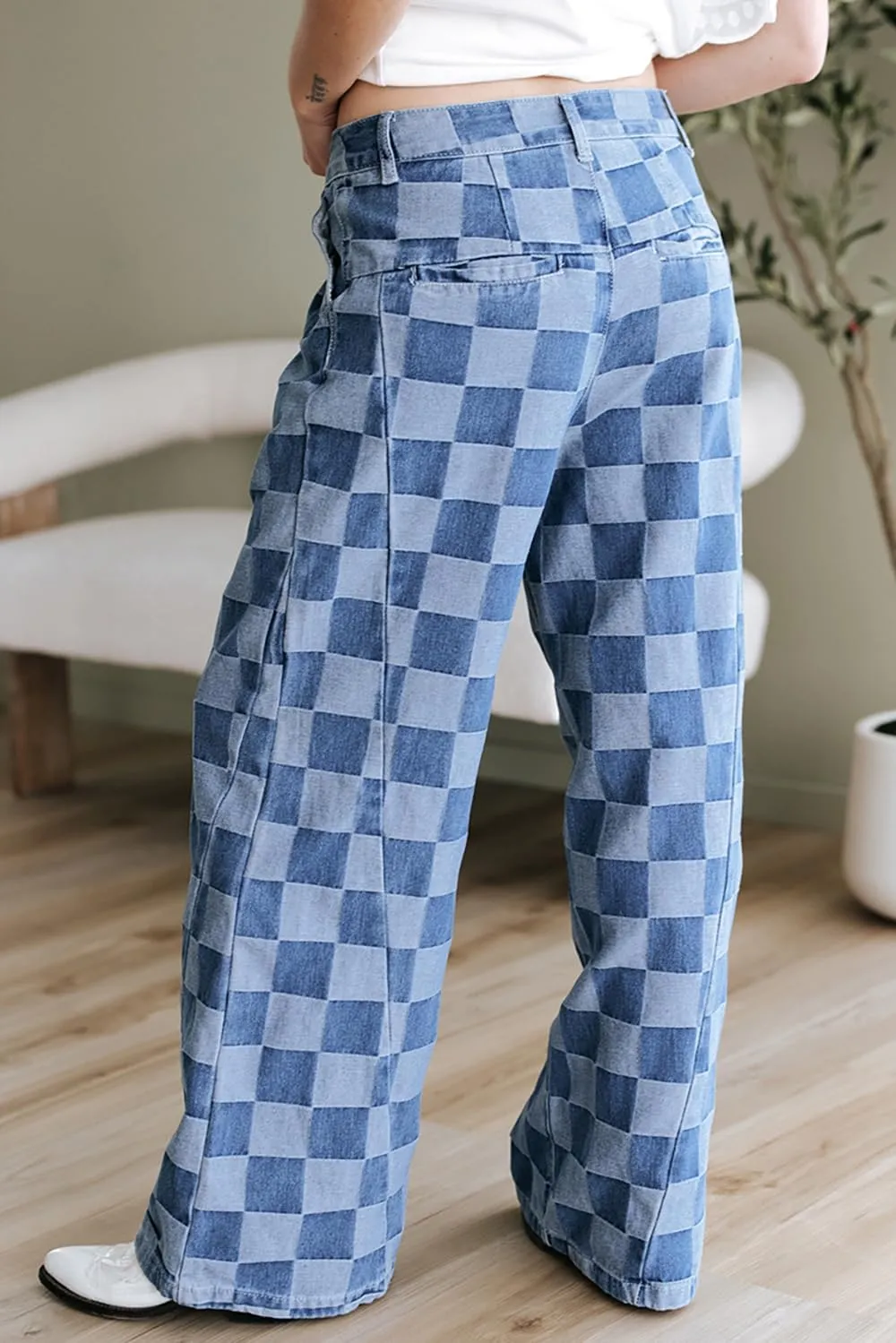 Womens Plaid Print Baggy Wide Leg Jeans High Waisted Straight Leg Denim Pants Chessboard Pattern Jeans