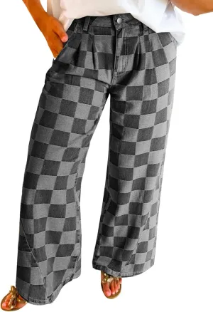 Womens Plaid Print Baggy Wide Leg Jeans High Waisted Straight Leg Denim Pants Chessboard Pattern Jeans