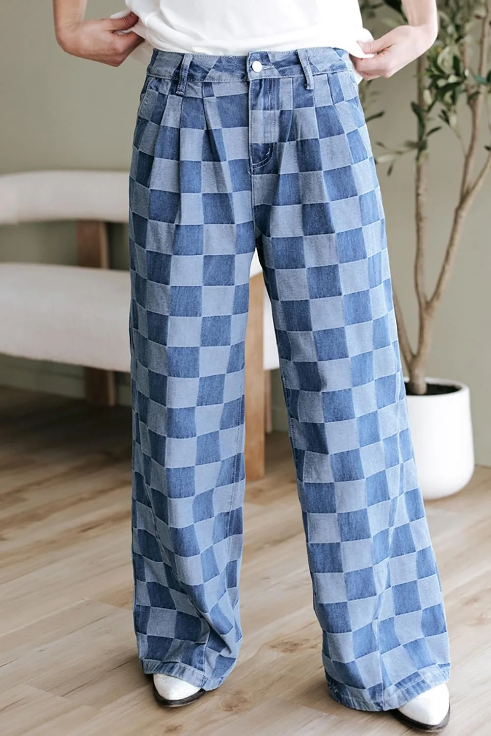 Womens Plaid Print Baggy Wide Leg Jeans High Waisted Straight Leg Denim Pants Chessboard Pattern Jeans