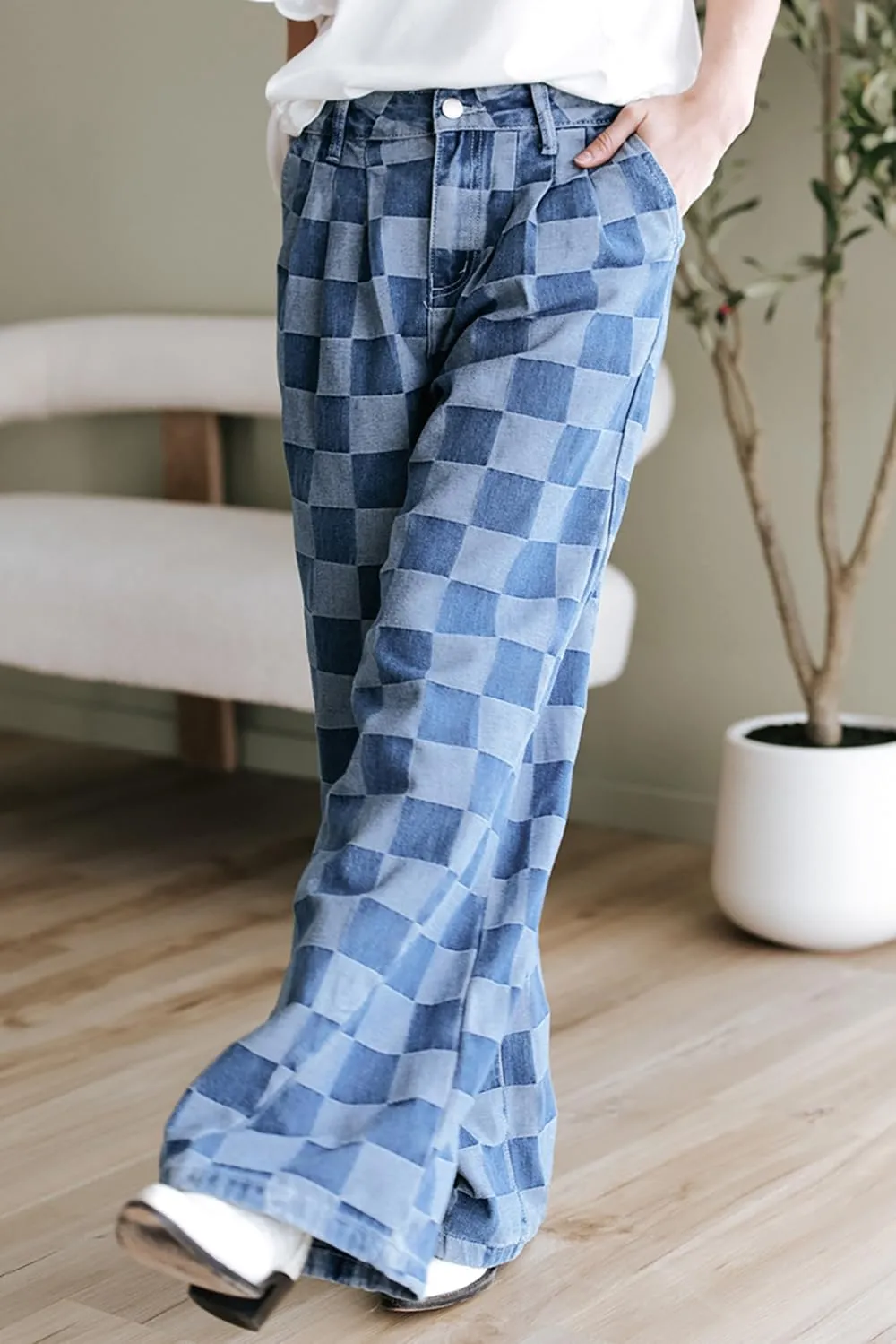 Womens Plaid Print Baggy Wide Leg Jeans High Waisted Straight Leg Denim Pants Chessboard Pattern Jeans