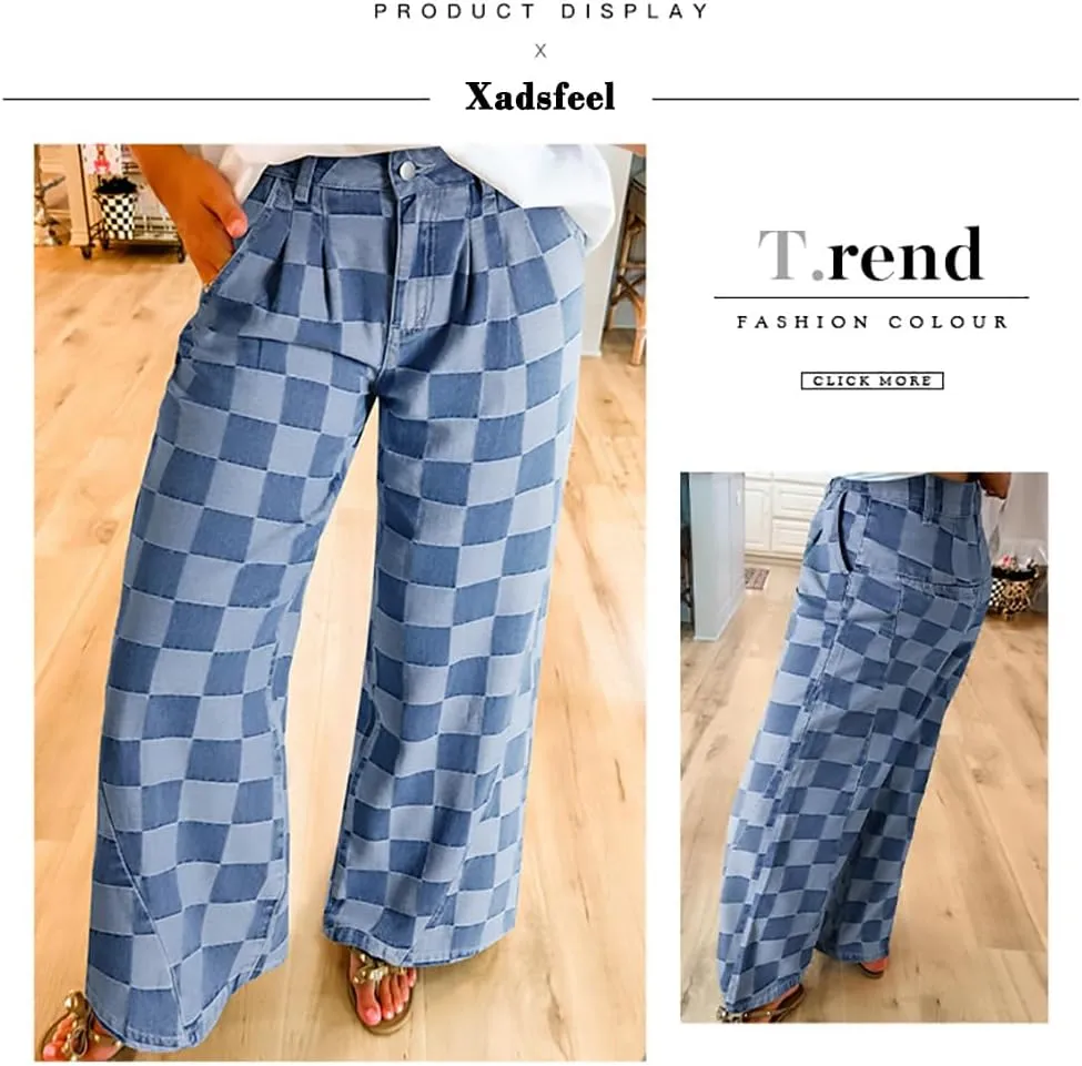 Womens Plaid Print Baggy Wide Leg Jeans High Waisted Straight Leg Denim Pants Chessboard Pattern Jeans