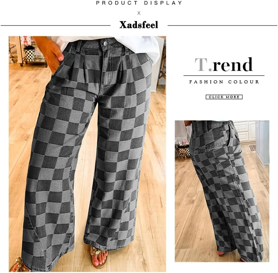 Womens Plaid Print Baggy Wide Leg Jeans High Waisted Straight Leg Denim Pants Chessboard Pattern Jeans