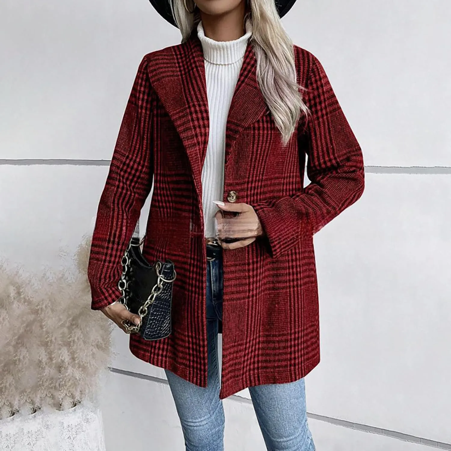 Womens Plaid Wool Coats Mid Length Long Sleeve Lapel Button Down Fleece Jacket Fall Winter Casual Fashion Outerwear