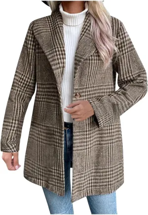 Womens Plaid Wool Coats Mid Length Long Sleeve Lapel Button Down Fleece Jacket Fall Winter Casual Fashion Outerwear