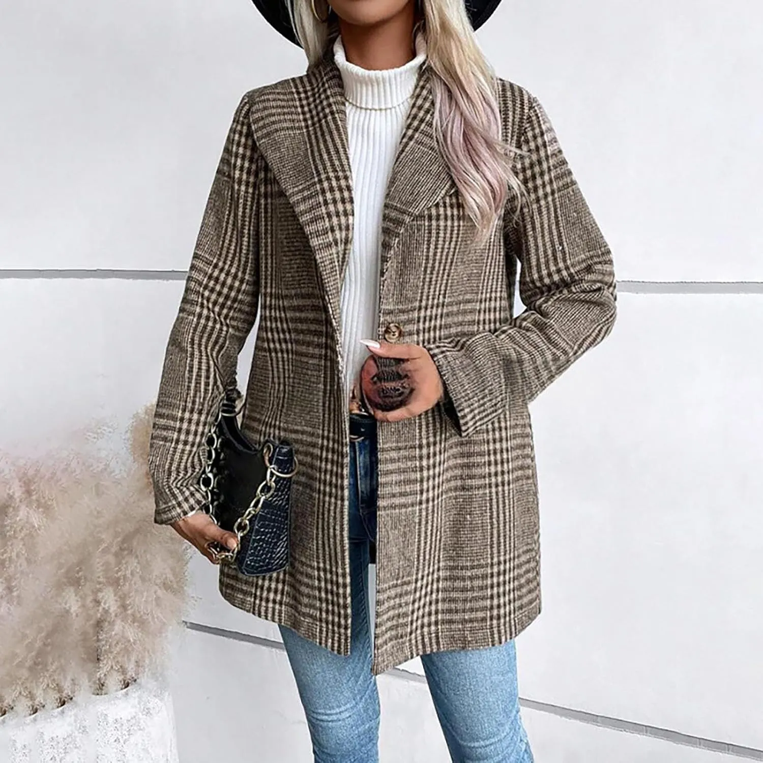 Womens Plaid Wool Coats Mid Length Long Sleeve Lapel Button Down Fleece Jacket Fall Winter Casual Fashion Outerwear