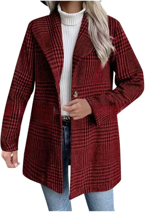 Womens Plaid Wool Coats Mid Length Long Sleeve Lapel Button Down Fleece Jacket Fall Winter Casual Fashion Outerwear