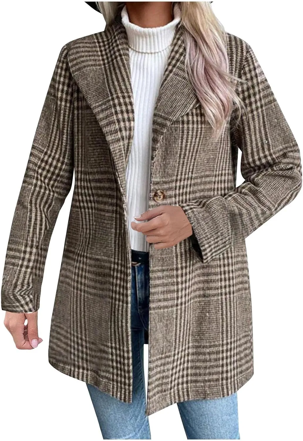 Womens Plaid Wool Coats Mid Length Long Sleeve Lapel Button Down Fleece Jacket Fall Winter Casual Fashion Outerwear