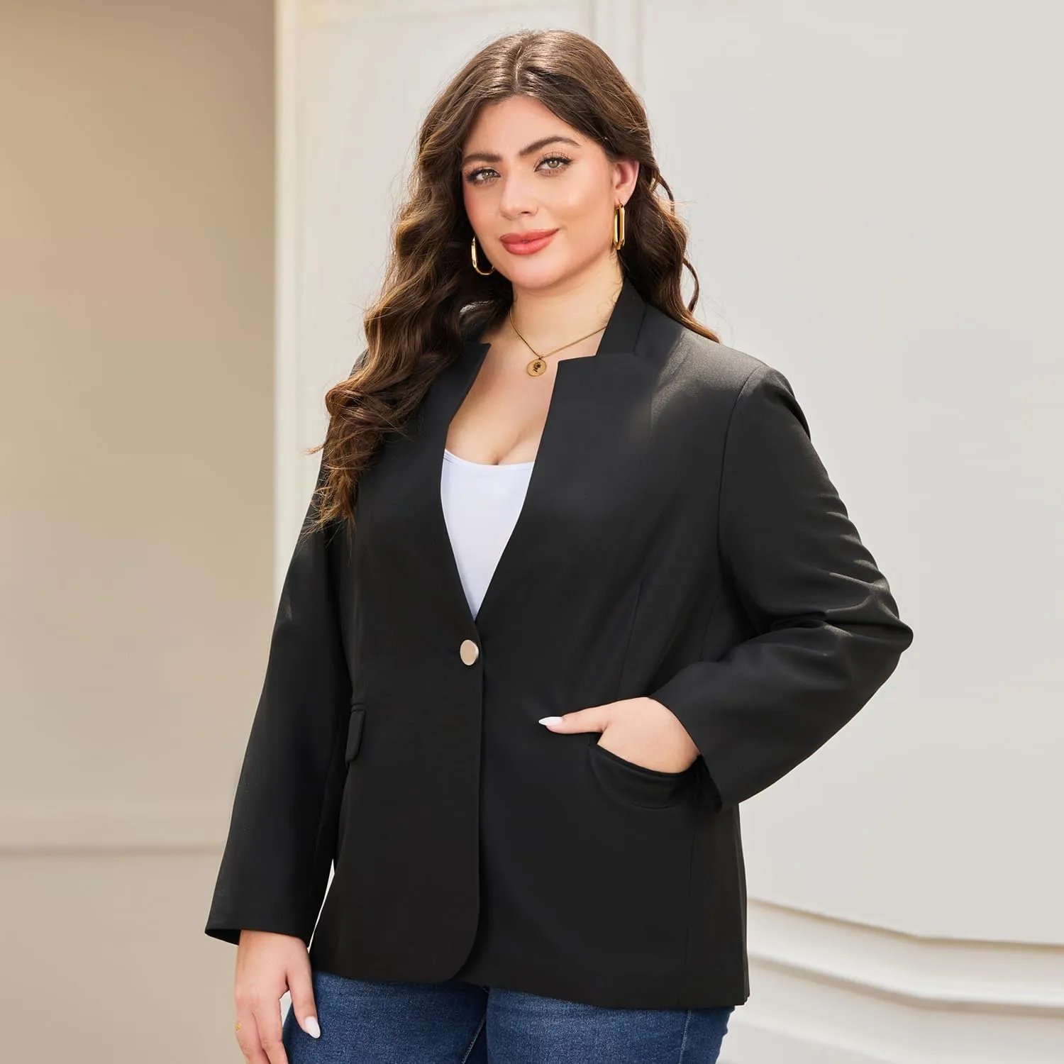 Women's Plus Size Long Sleeve Blazer - Tailored Fit Stretch Woven Twill Fabric - Stylish Oversized Blazers for Women