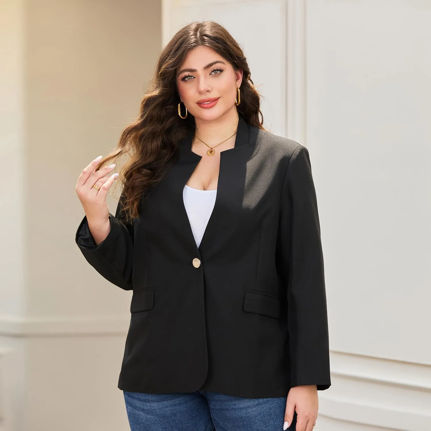 Women's Plus Size Long Sleeve Blazer - Tailored Fit Stretch Woven Twill Fabric - Stylish Oversized Blazers for Women