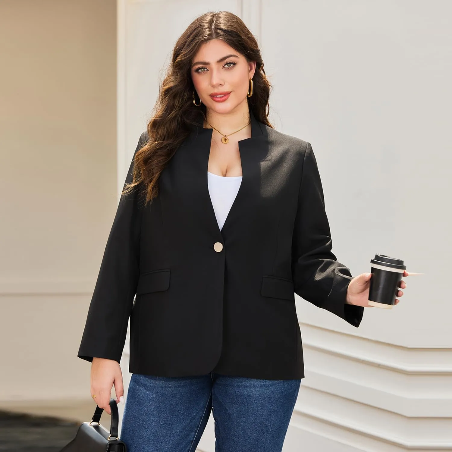 Women's Plus Size Long Sleeve Blazer - Tailored Fit Stretch Woven Twill Fabric - Stylish Oversized Blazers for Women