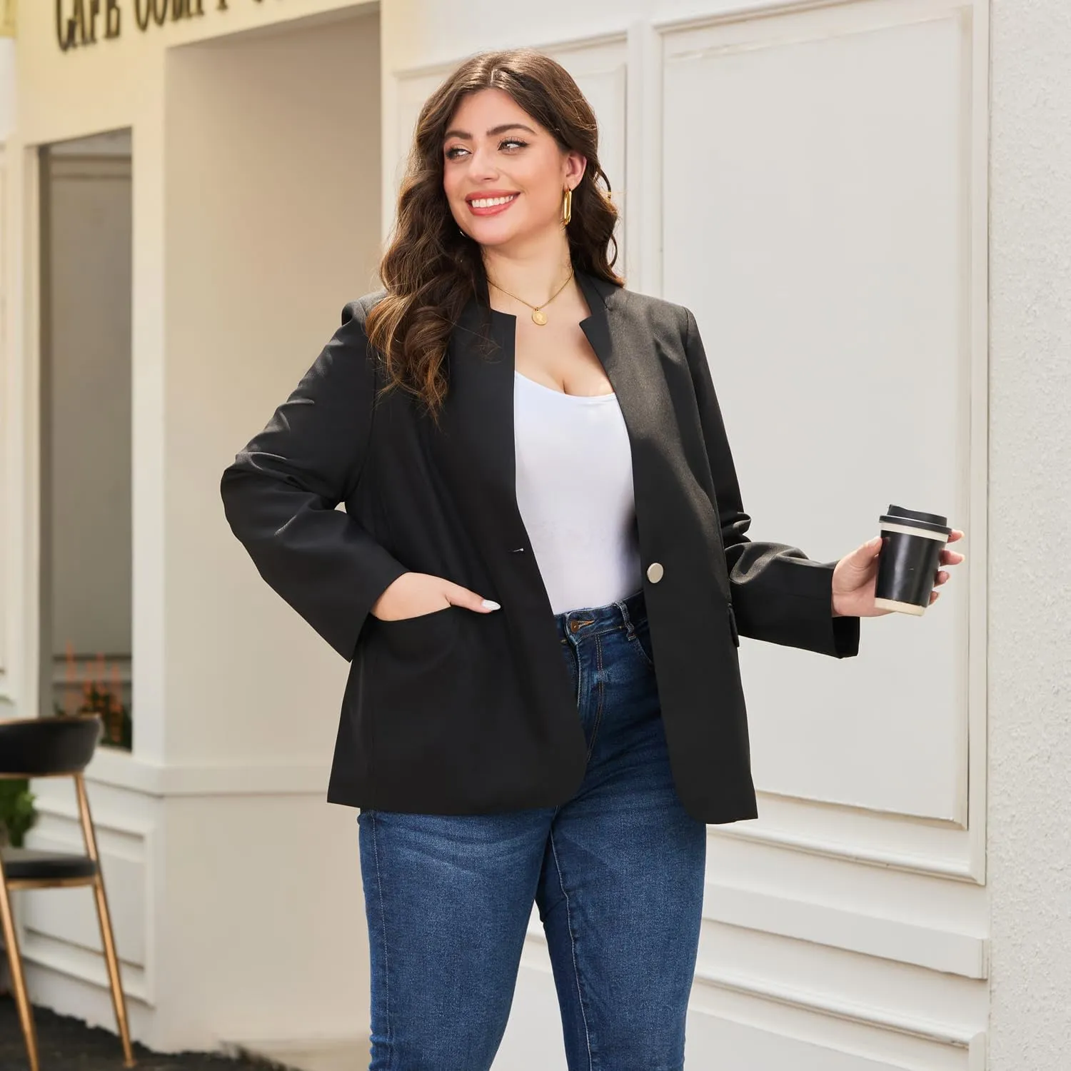 Women's Plus Size Long Sleeve Blazer - Tailored Fit Stretch Woven Twill Fabric - Stylish Oversized Blazers for Women