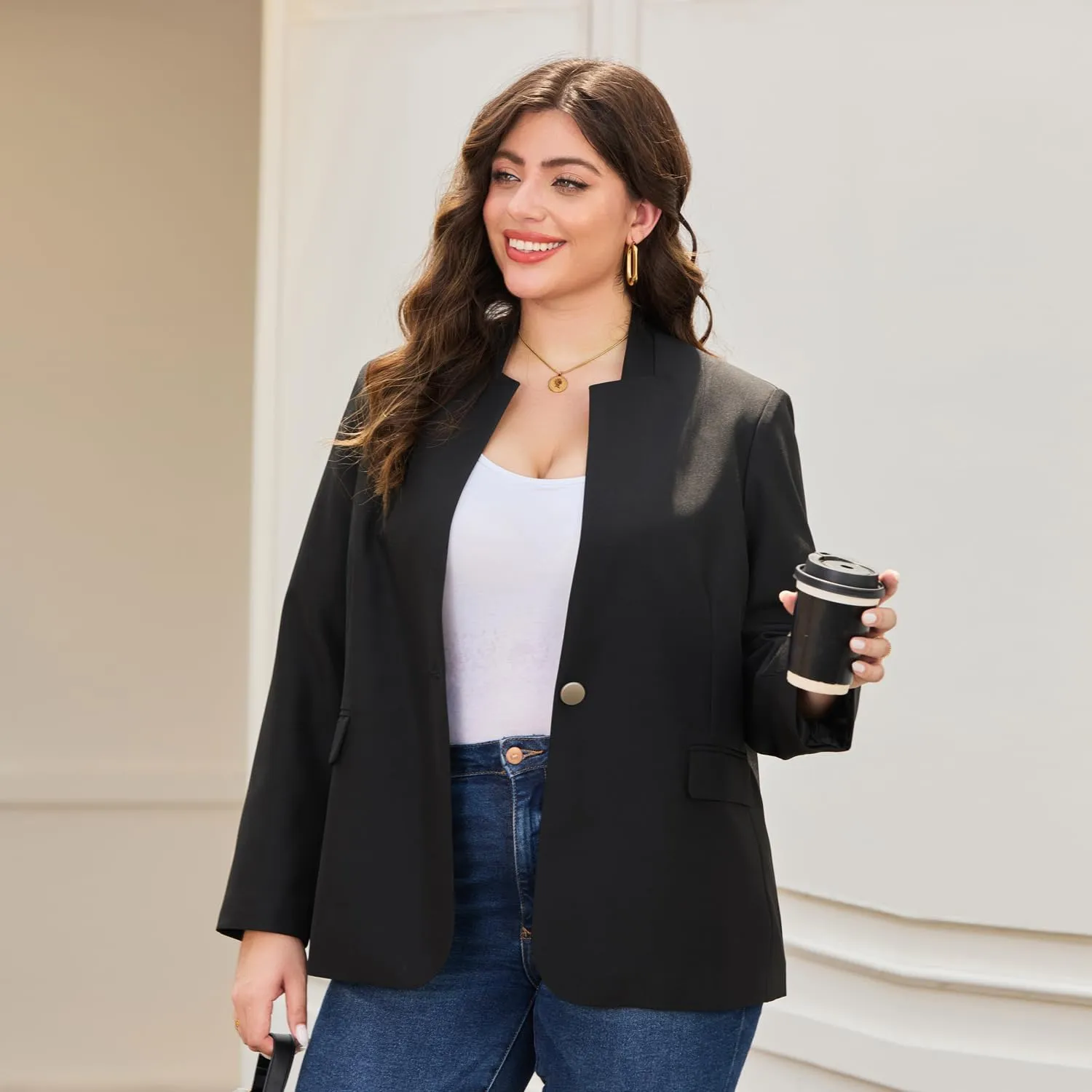 Women's Plus Size Long Sleeve Blazer - Tailored Fit Stretch Woven Twill Fabric - Stylish Oversized Blazers for Women