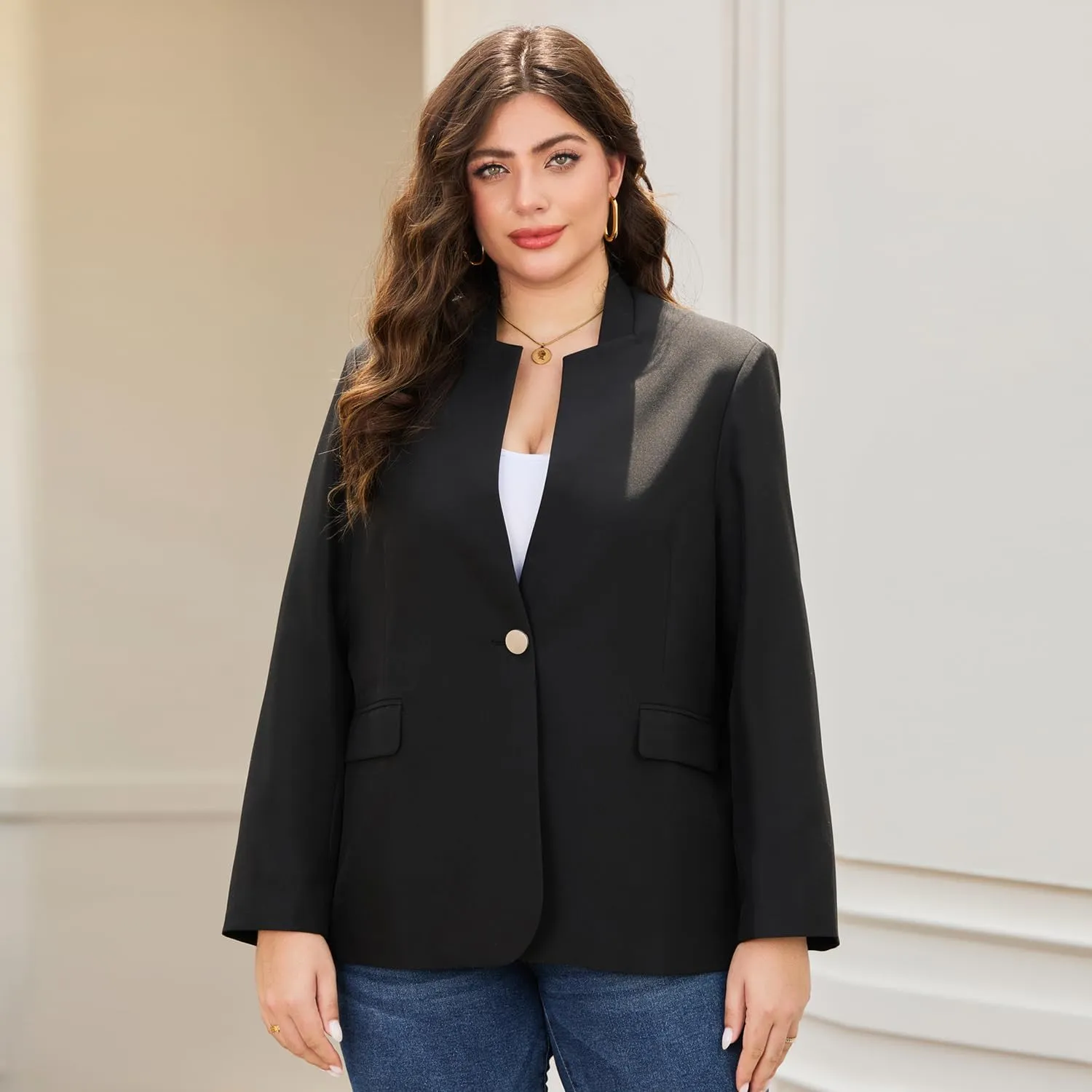 Women's Plus Size Long Sleeve Blazer - Tailored Fit Stretch Woven Twill Fabric - Stylish Oversized Blazers for Women