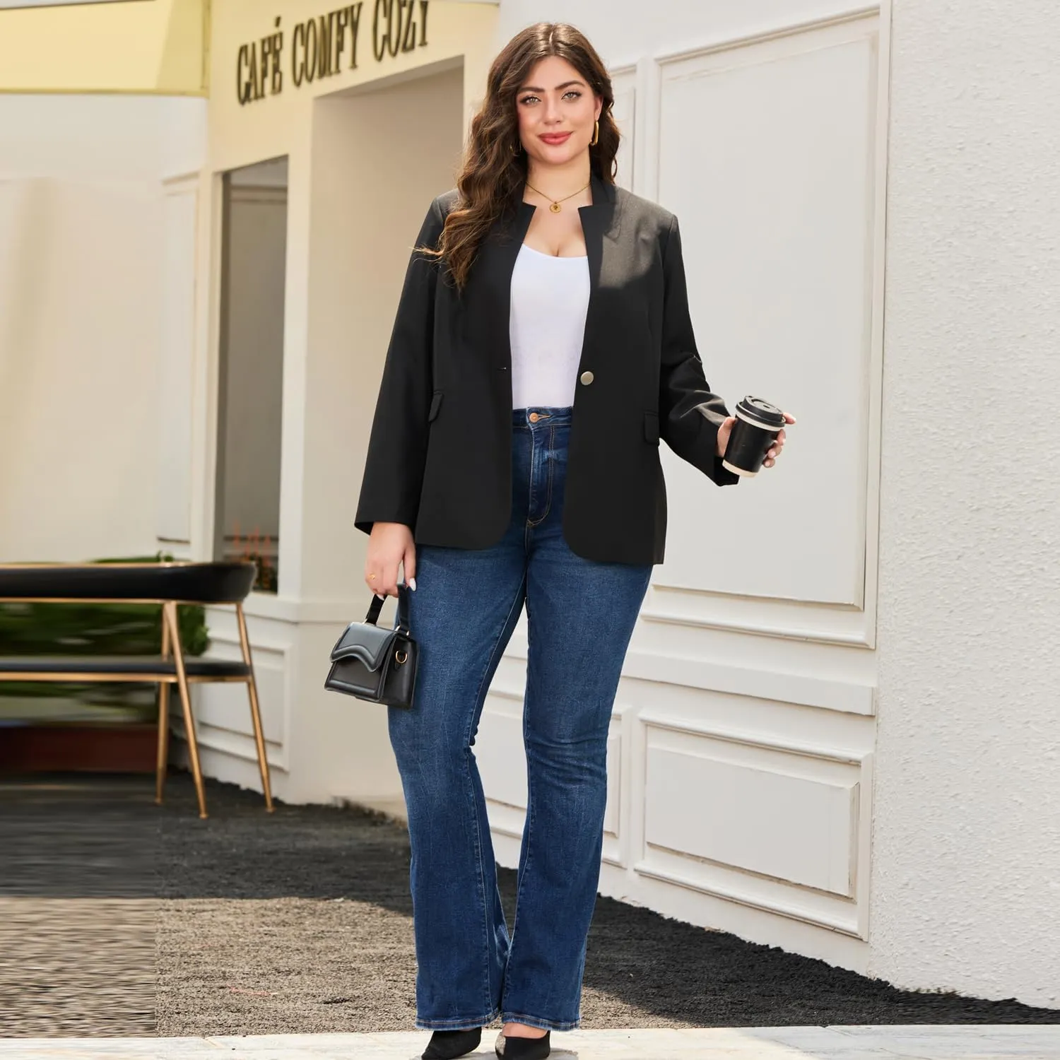 Women's Plus Size Long Sleeve Blazer - Tailored Fit Stretch Woven Twill Fabric - Stylish Oversized Blazers for Women