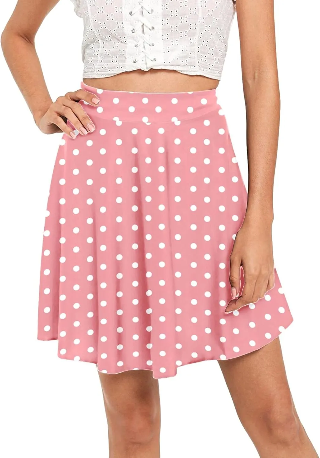 Women's Polka Dot Mini Skirts Casual Elastic High Waisted A-Line Pleated Short Skirt Summer Lightweight Casual Flared Skirts