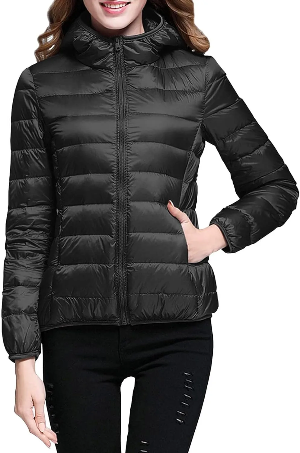 Womens Puffer Jacket 2024 Winter Warm Packable Down Jacket Lightweight Slim Fit Hooded Jacket Short Duck Down Coat