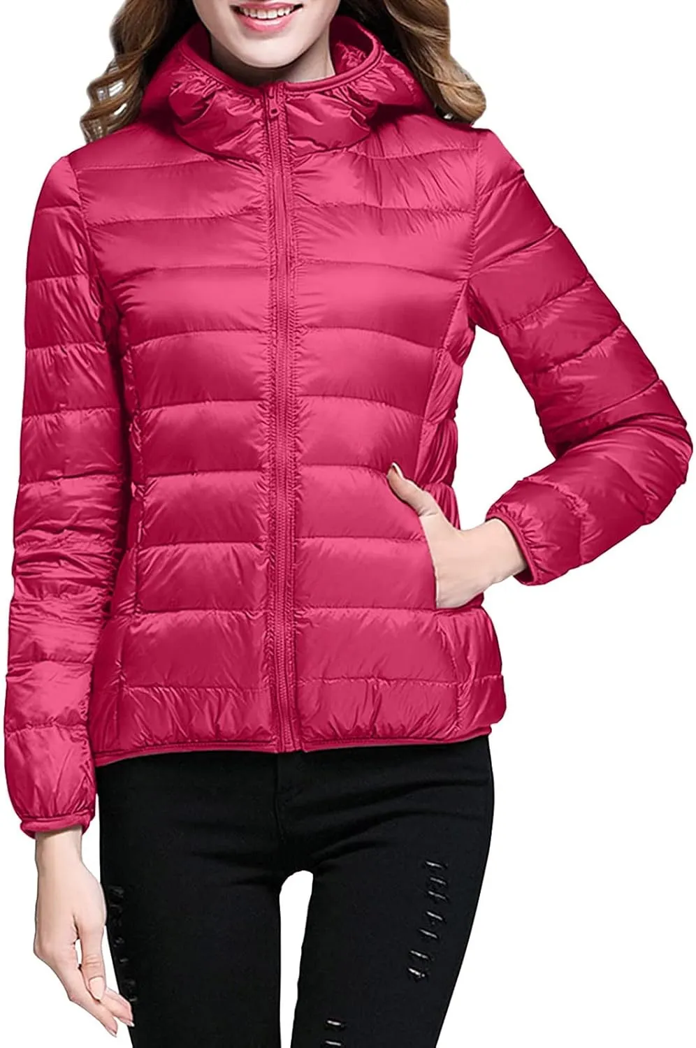 Womens Puffer Jacket 2024 Winter Warm Packable Lightweight Down Jacket Slim Fit Hooded Jacket Short Duck Down Coat for Travel