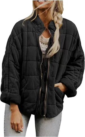 Women's Quilted Puffer Jacket Lightweight Warm Long Sleeve Coat Oversized Packable Full Zip Padded Coats with Pocket