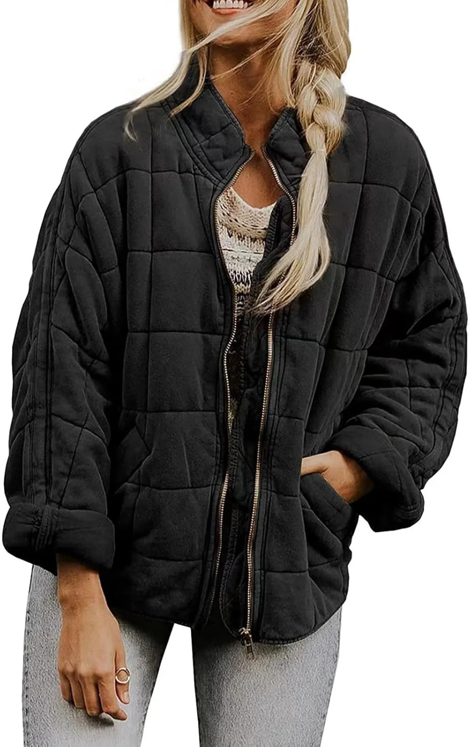Women's Quilted Puffer Jacket Lightweight Warm Long Sleeve Coat Oversized Packable Full Zip Padded Coats with Pocket