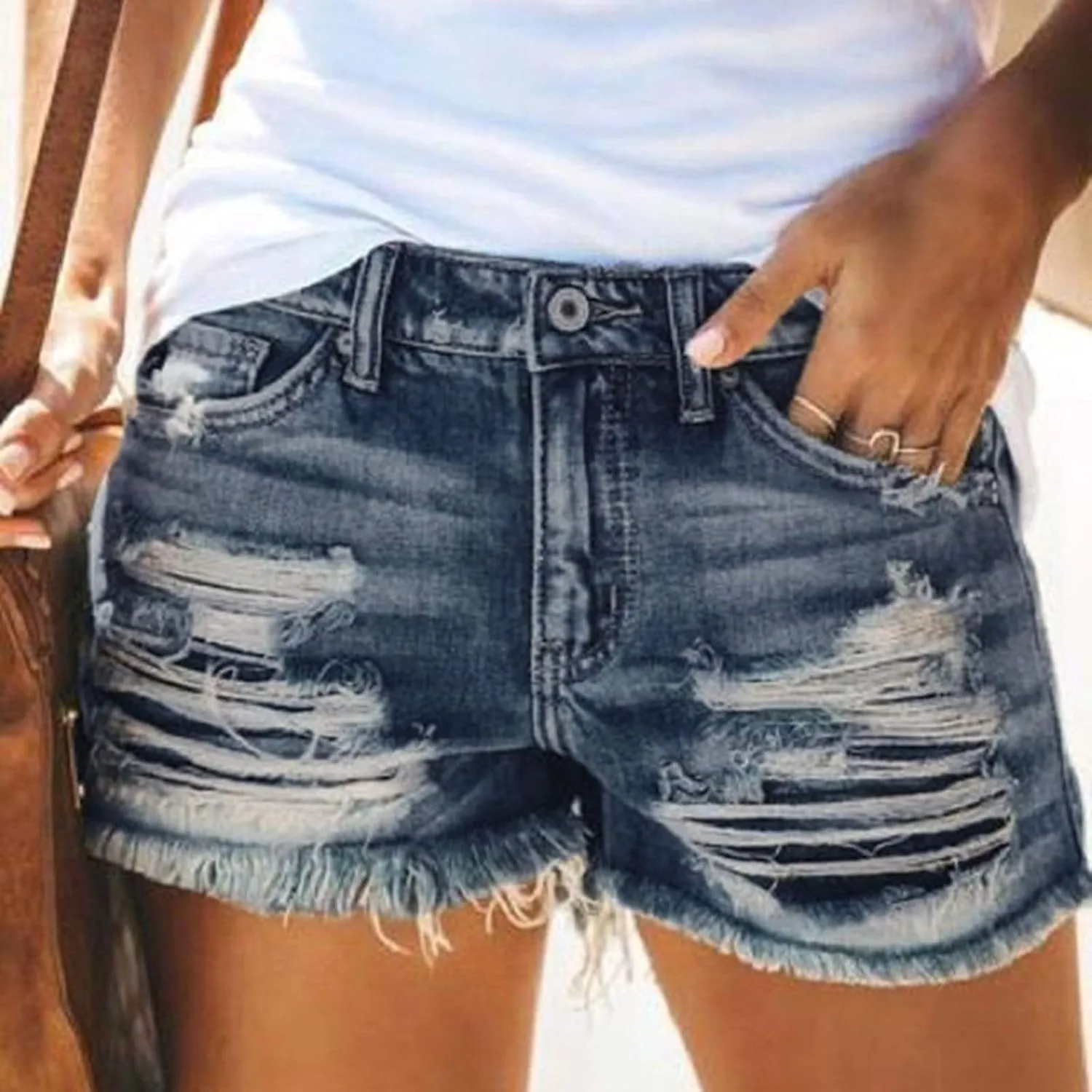 Women's Ripped Denim Shorts High Waisted Jean Shorts Women Frayed Raw Hem Casual Jeans Booty Button Shorts