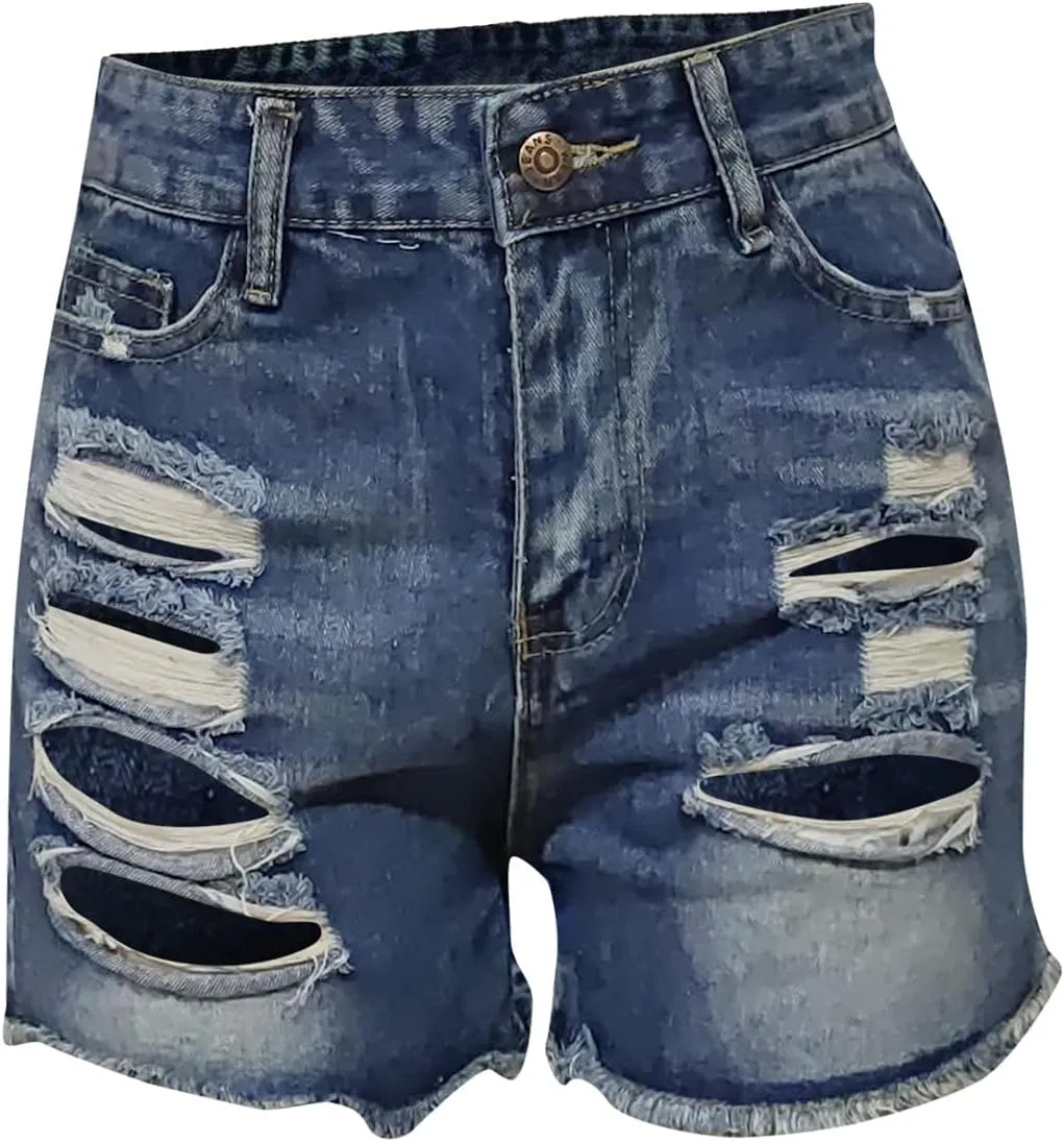Women's Ripped Denim Shorts High Waisted Jean Shorts Women Frayed Raw Hem Casual Jeans Booty Button Shorts