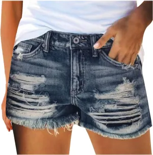 Women's Ripped Denim Shorts High Waisted Jean Shorts Women Frayed Raw Hem Casual Jeans Booty Button Shorts