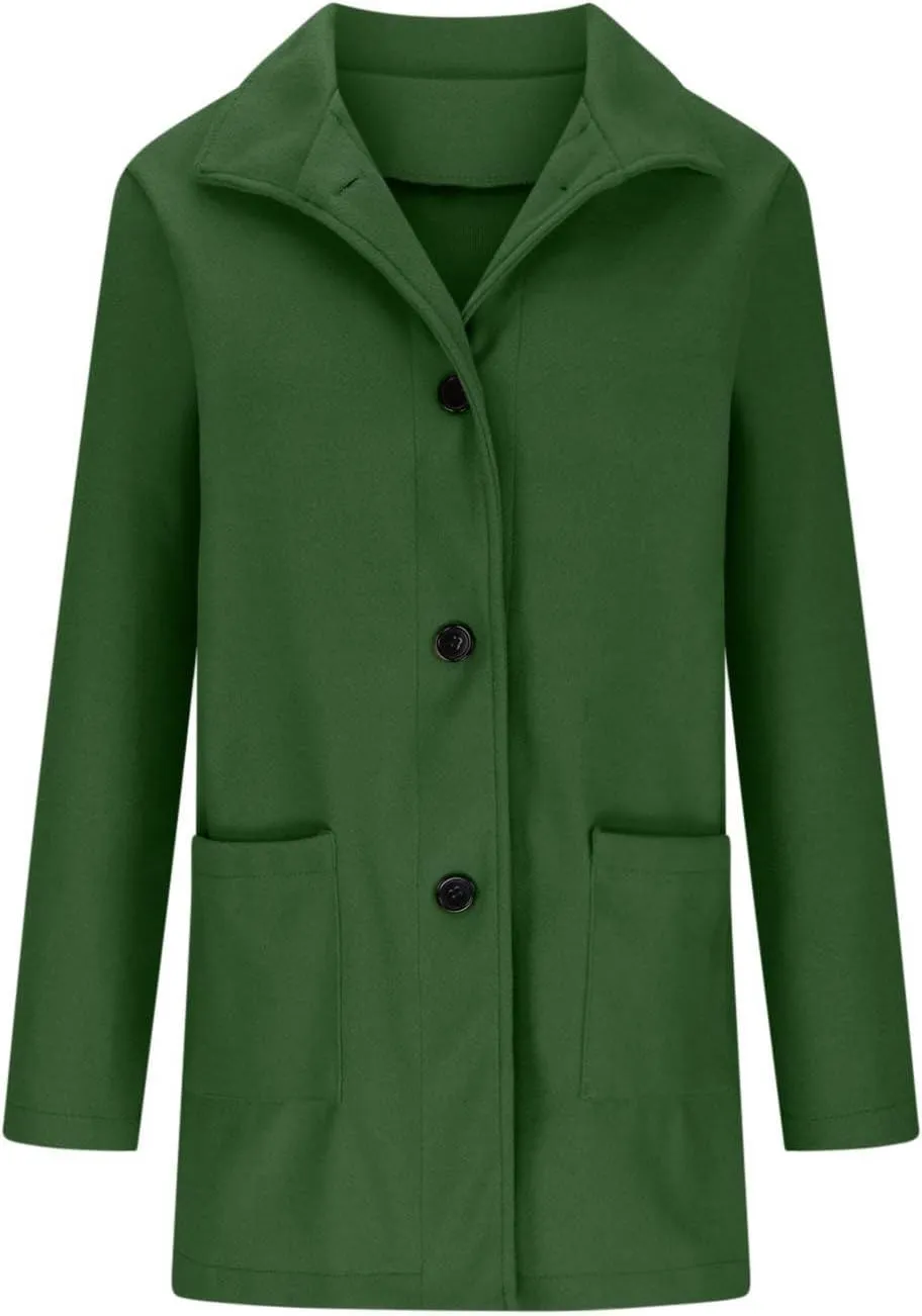 Womens Single-Breasted Wool Coats Casual Lapel Collared Oversized Trench Coat Soft Warm Winter Pea Coat Outwear