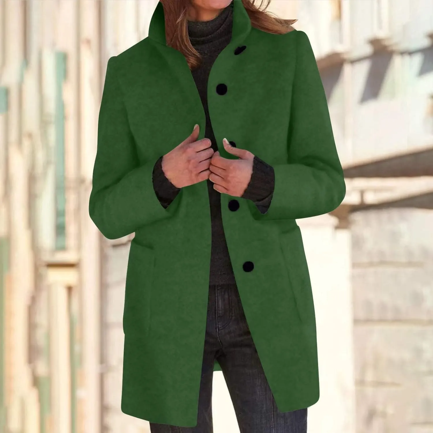 Womens Single-Breasted Wool Coats Casual Lapel Collared Oversized Trench Coat Soft Warm Winter Pea Coat Outwear
