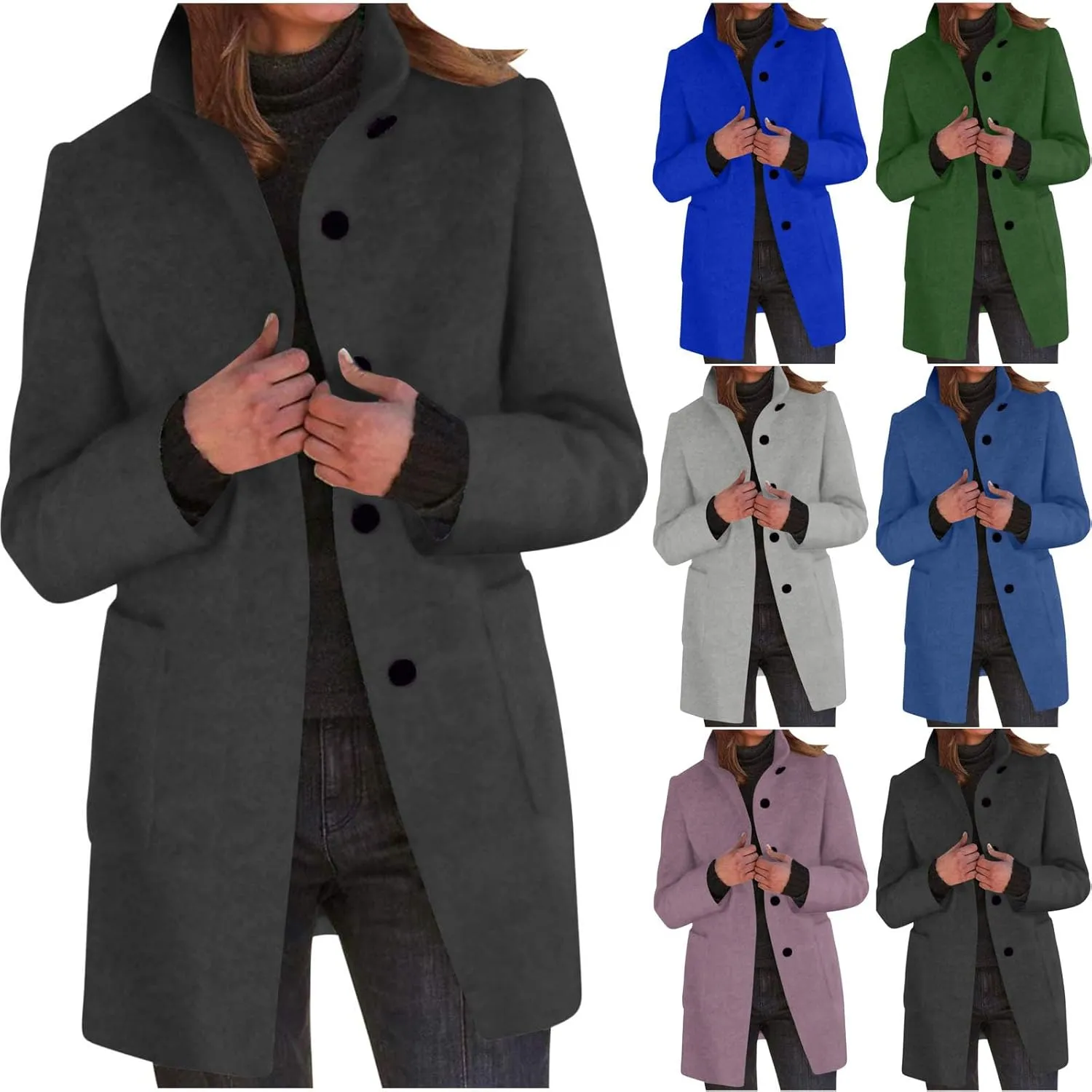 Womens Single-Breasted Wool Coats Casual Lapel Collared Oversized Trench Coat Soft Warm Winter Pea Coat Outwear