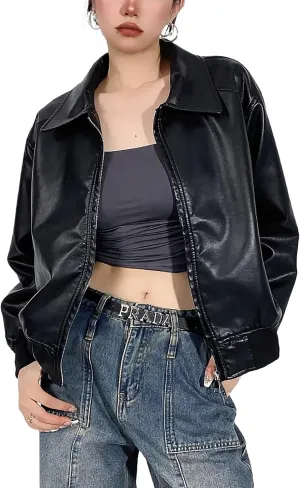 Women's Slim Faux Leather Bomber Jackets Zip Up Moto Biker PU Leather Coat Vintage Racing Bomber Jackets