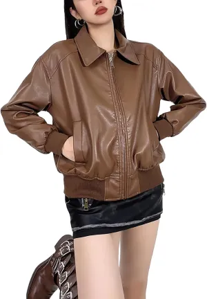 Women's Slim Faux Leather Bomber Jackets Zip Up Moto Biker PU Leather Coat Vintage Racing Bomber Jackets