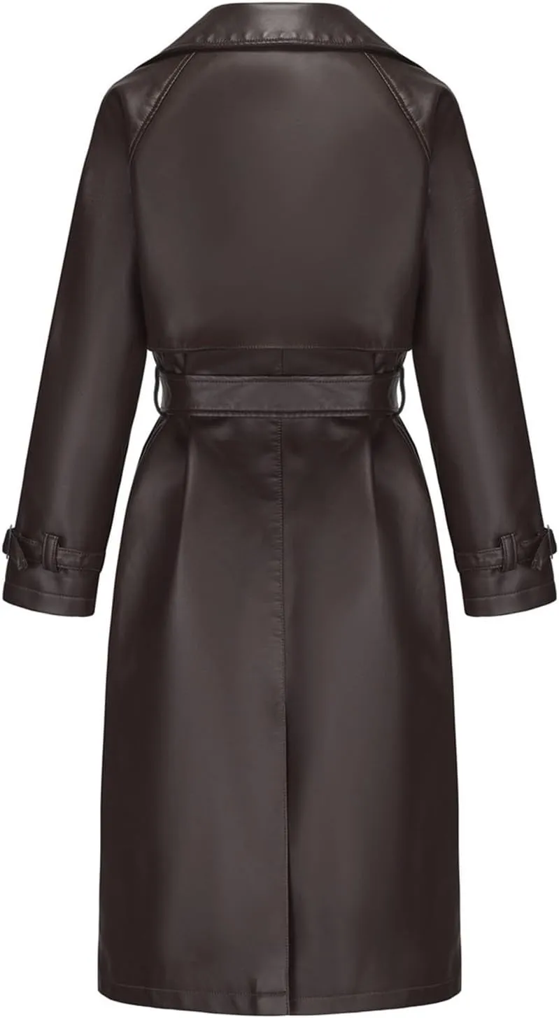 Womens Solid Color Trench Coat Long Buttons Belted Casual Jackets Long Sleeve Leather Motorcycle Cardigan Overcoats