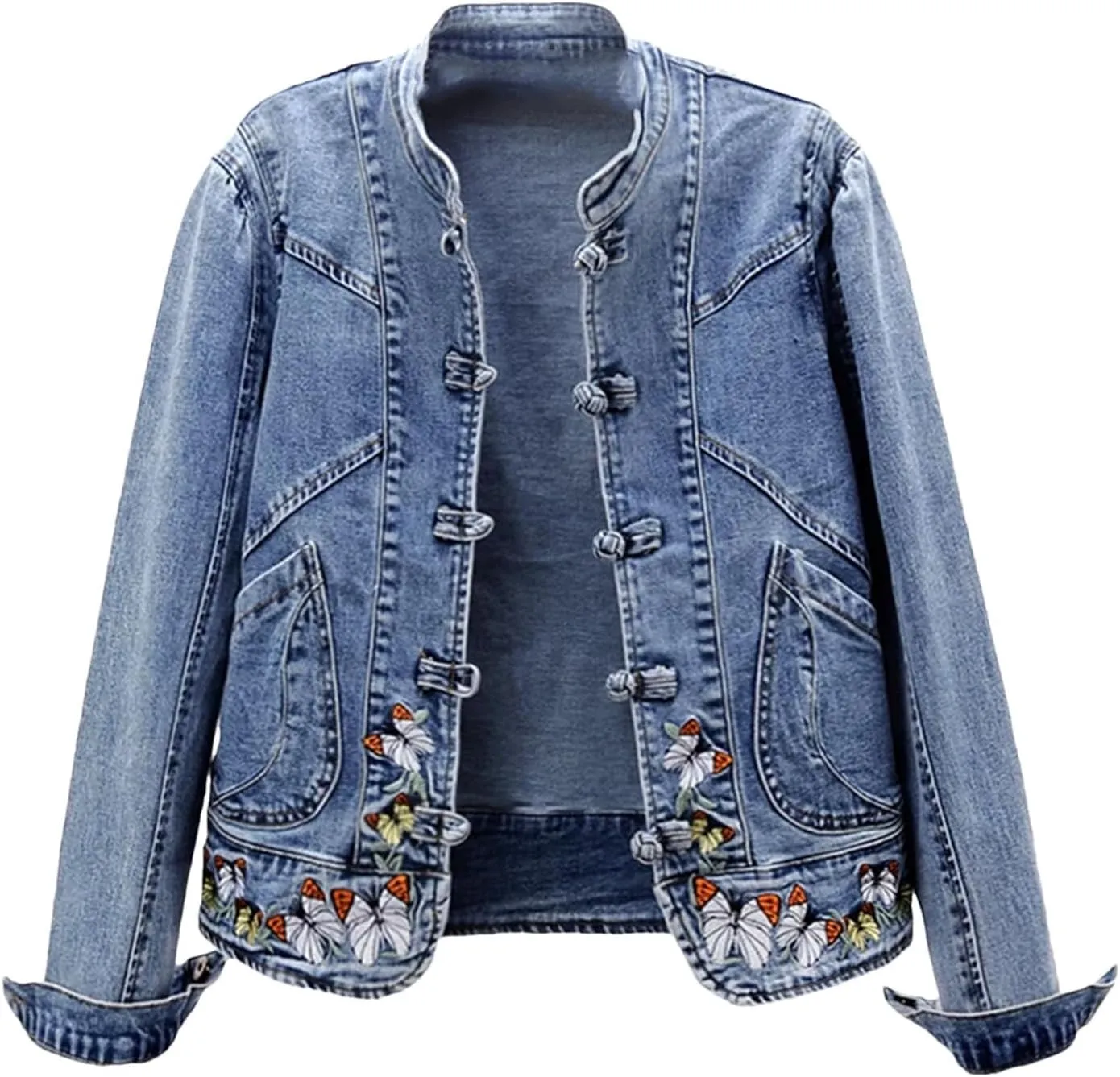 Women's Spring Embroidered Denim Jacket For Women Stretch Short Denim Coat Classic Jean Trucker Jacket