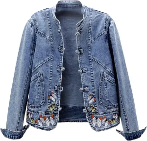Women's Spring Embroidered Denim Jacket For Women Stretch Short Denim Coat Classic Jean Trucker Jacket