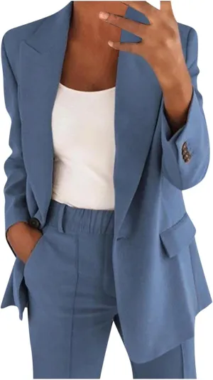 Women's Spring/Fall Two Piece Outfits Dressy Blazer Jacket and Wide Leg Pants Pockets Business Casual Office Suit Sets