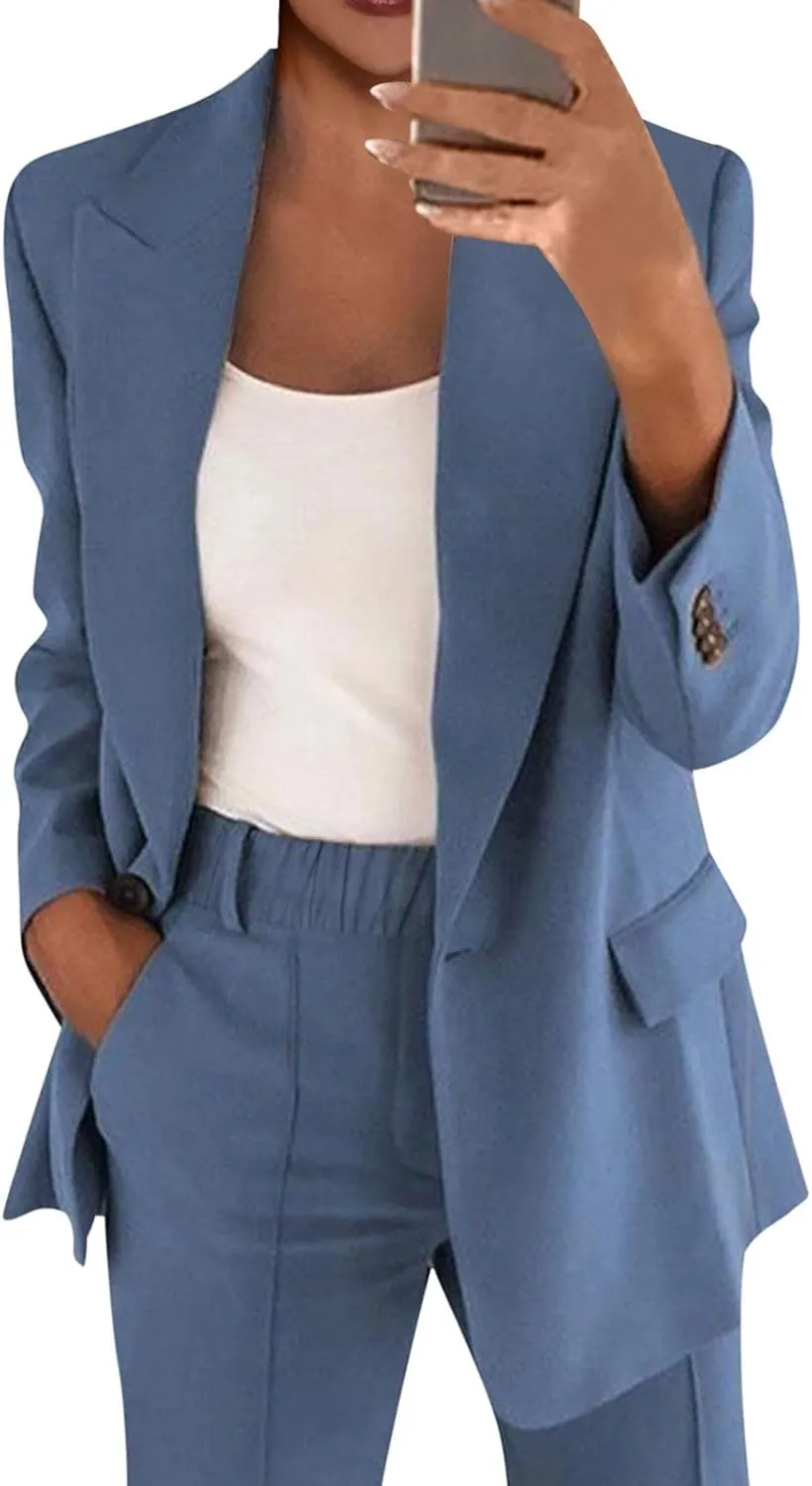 Women's Spring/Fall Two Piece Outfits Dressy Blazer Jacket and Wide Leg Pants Pockets Business Casual Office Suit Sets