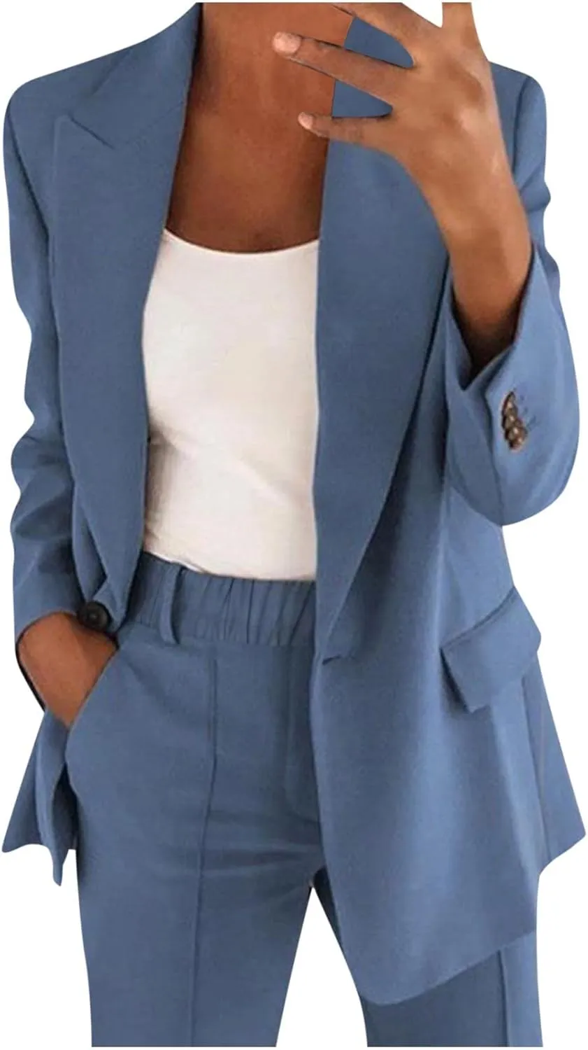 Women's Spring/Fall Two Piece Outfits Dressy Blazer Jacket and Wide Leg Pants Pockets Business Casual Office Suit Sets