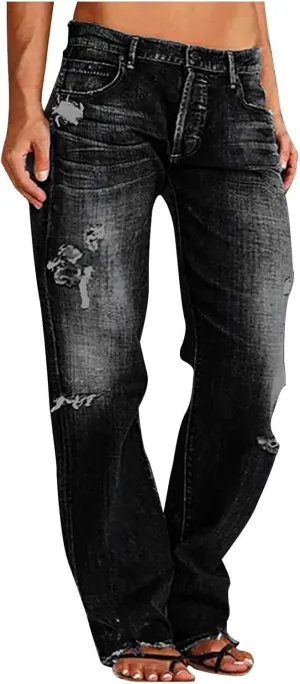 Womens Straight Leg Jeans Button Down Low Rise Ripped Jeans Plus Size Boyfriend Distressed Denim Pants with Pockets