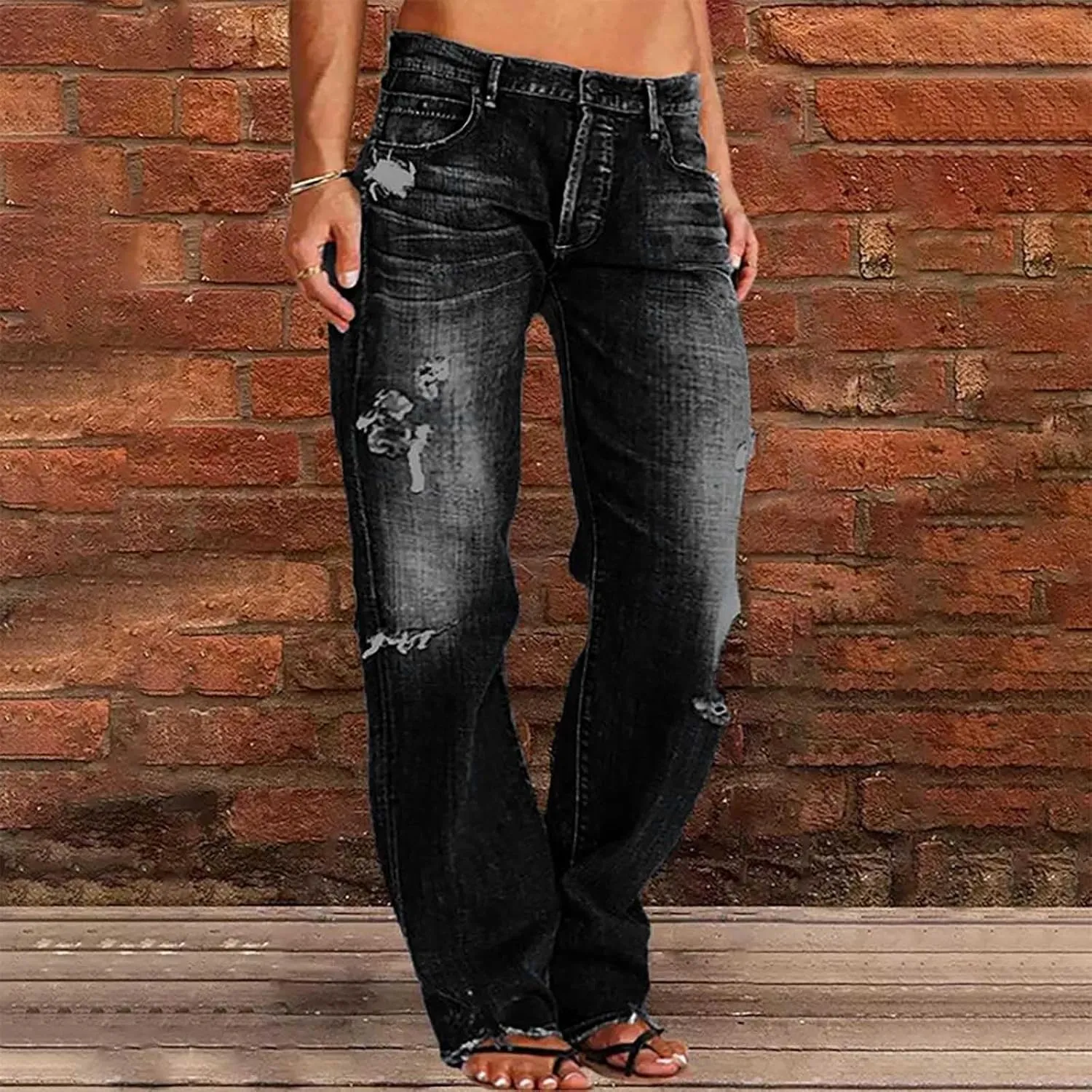 Womens Straight Leg Jeans Button Down Low Rise Ripped Jeans Plus Size Boyfriend Distressed Denim Pants with Pockets