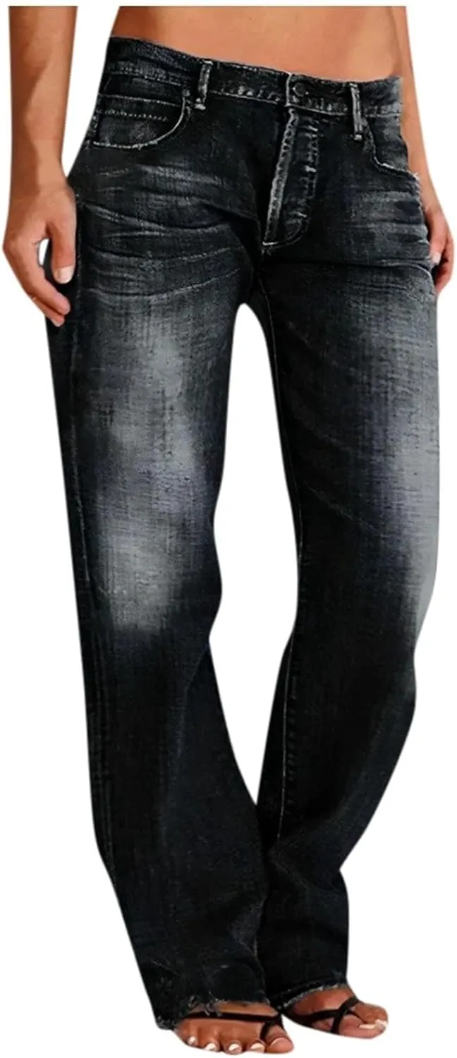 Womens Straight Leg Jeans Button Down Low Rise Ripped Jeans Plus Size Boyfriend Distressed Denim Pants with Pockets
